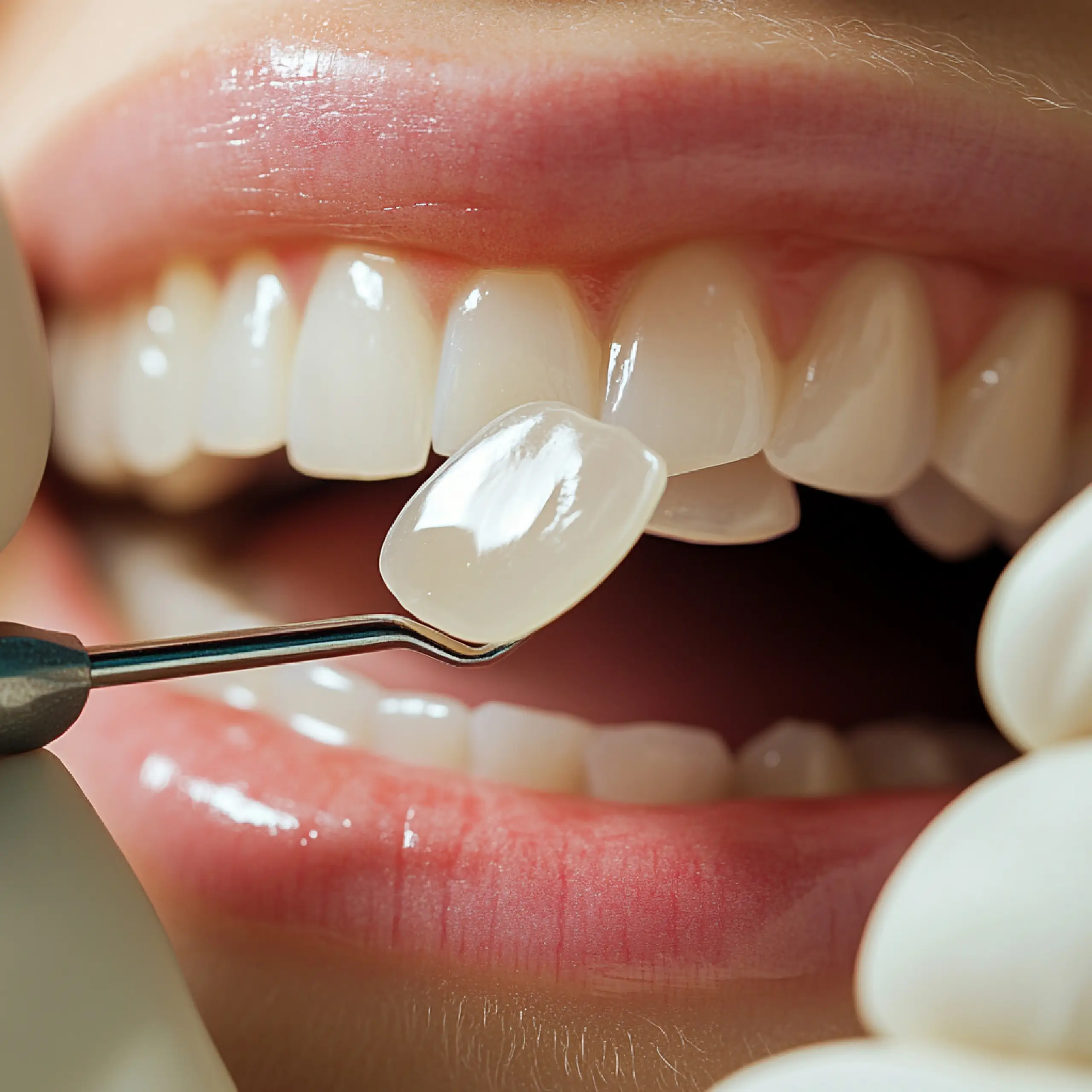Close-up of dental veneers in Carmichael being carefully applied to a patient's teeth at Mission Dental.